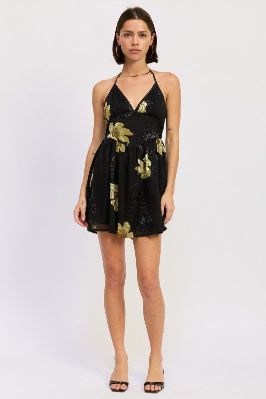 Black Mini Floral Halter Dress
