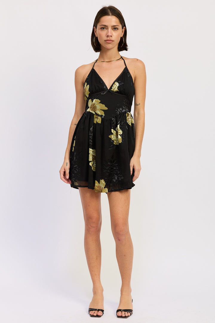 Black Mini Floral Halter Dress