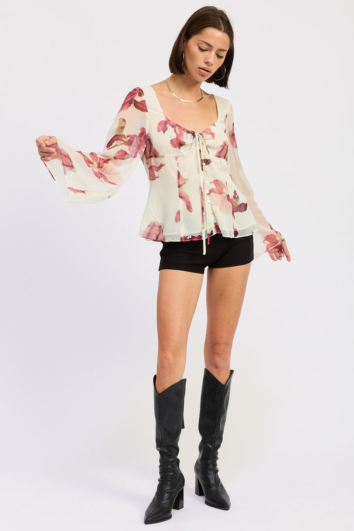 Tie Front Long Sleeve Floral Blouse