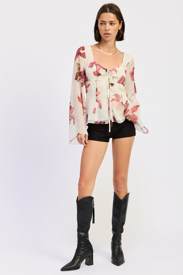 Tie Front Long Sleeve Floral Blouse