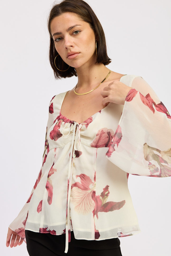 Ivory Red Tie Front Long Sleeve Floral Blouse