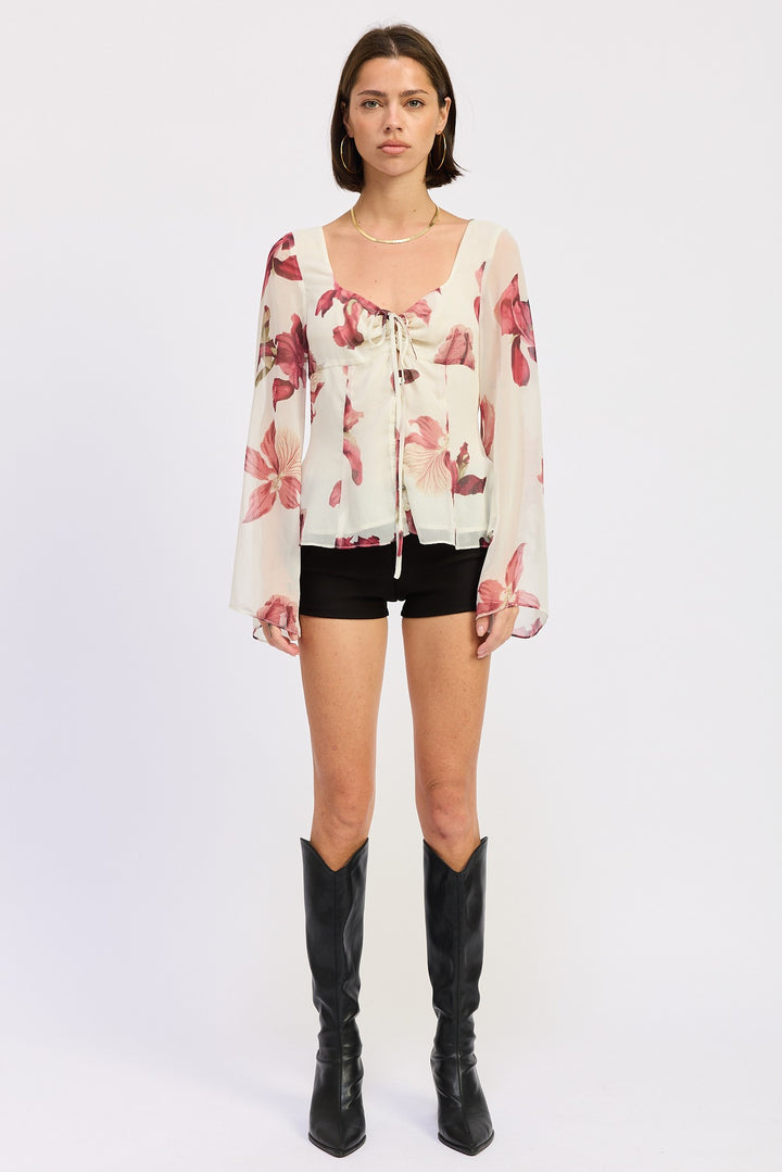 Tie Front Long Sleeve Floral Blouse