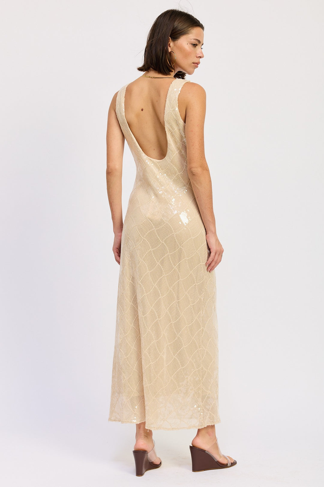 Embellished Midi Sequin Dress With Open Scoop Back