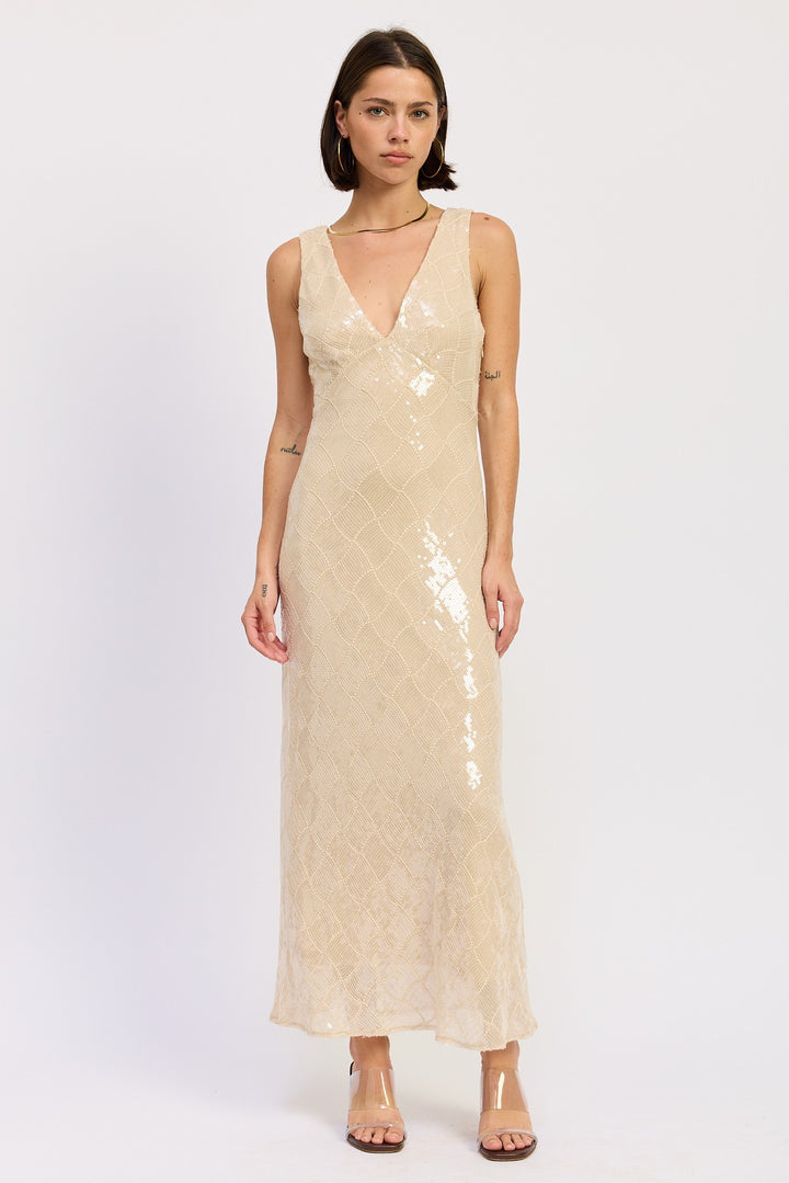 Cream Embellished Midi Sequin Dress With Open Scoop Back