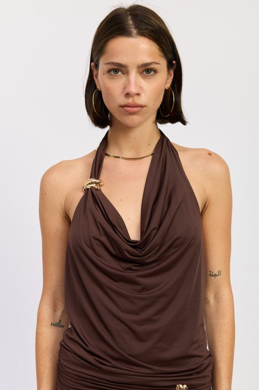 Espresso Sleeveless Cowl Neck Top With Gold Trim