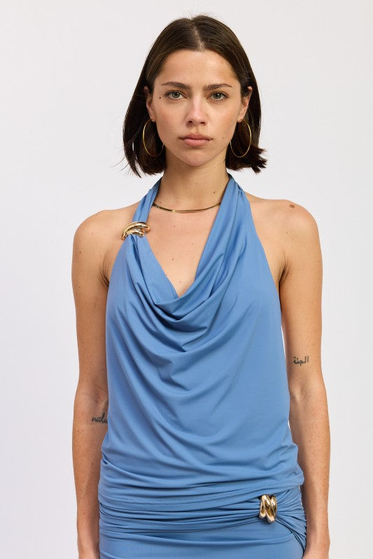 Sleeveless Cowl Neck Top With Gold Trim