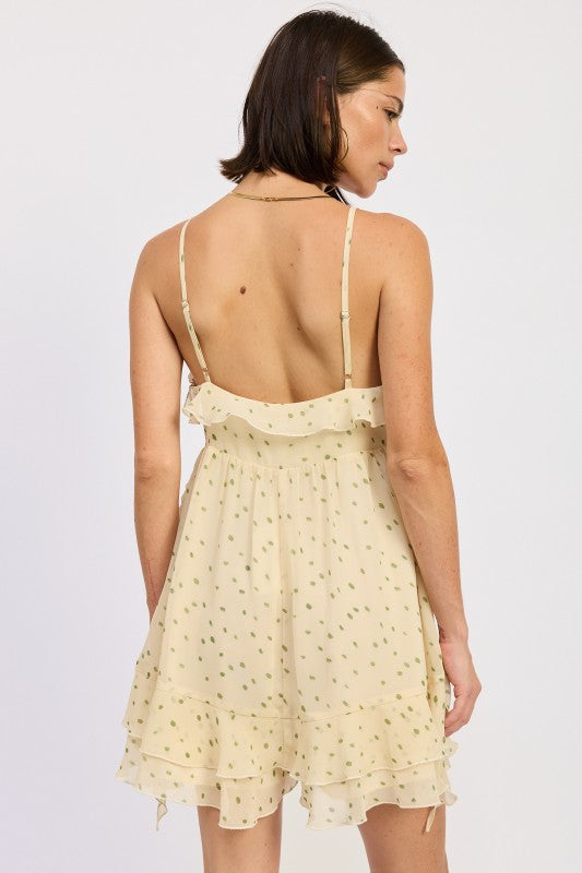 Sphaghetti Strap Ruffle Romper With Tie Front