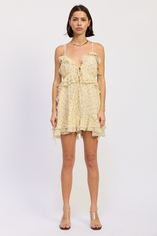Sphaghetti Strap Ruffle Romper With Tie Front