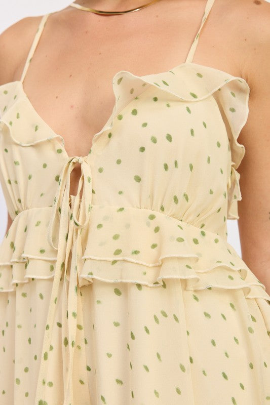 Sphaghetti Strap Ruffle Romper With Tie Front
