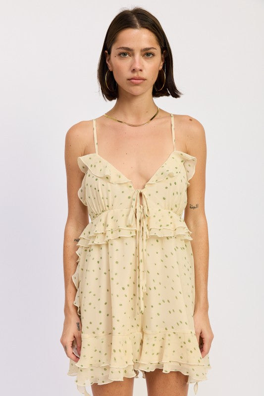 Ivory Green Sphaghetti Strap Ruffle Romper With Tie Front