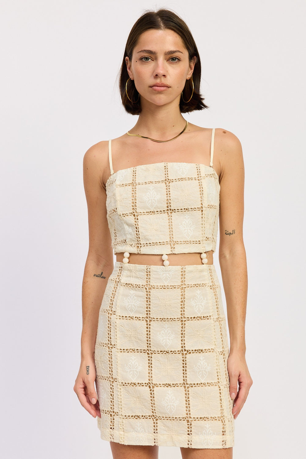 Natural Sqaure Neck Mini Crochet Lace Beaded Dress