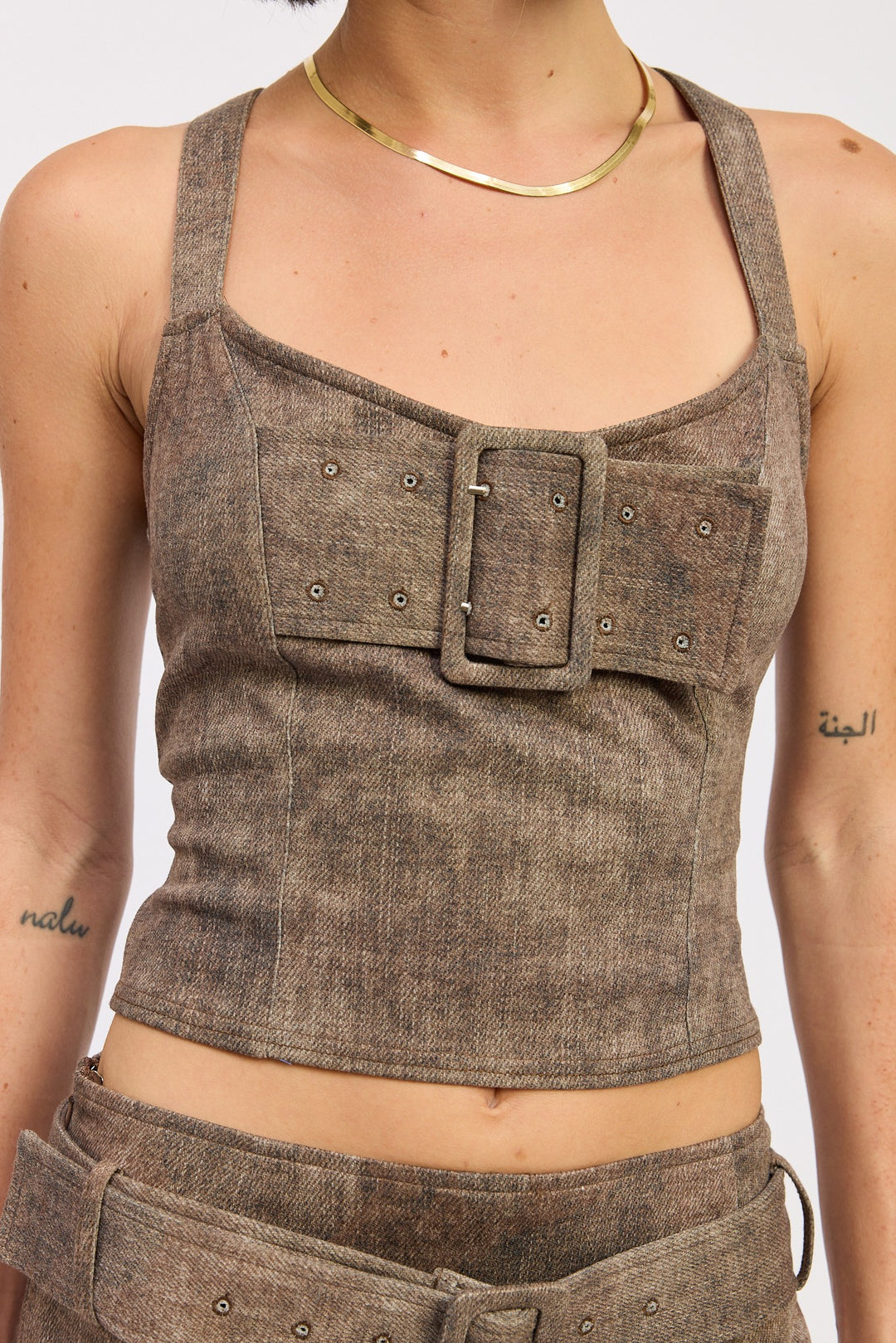 Dk Brown Bustier Belted Denim Crop Top With Buckle Detail