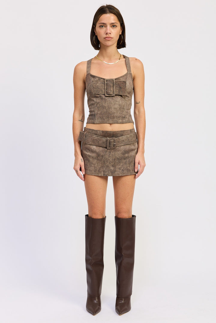Dk Brown Bustier Belted Denim Crop Top With Buckle Detail