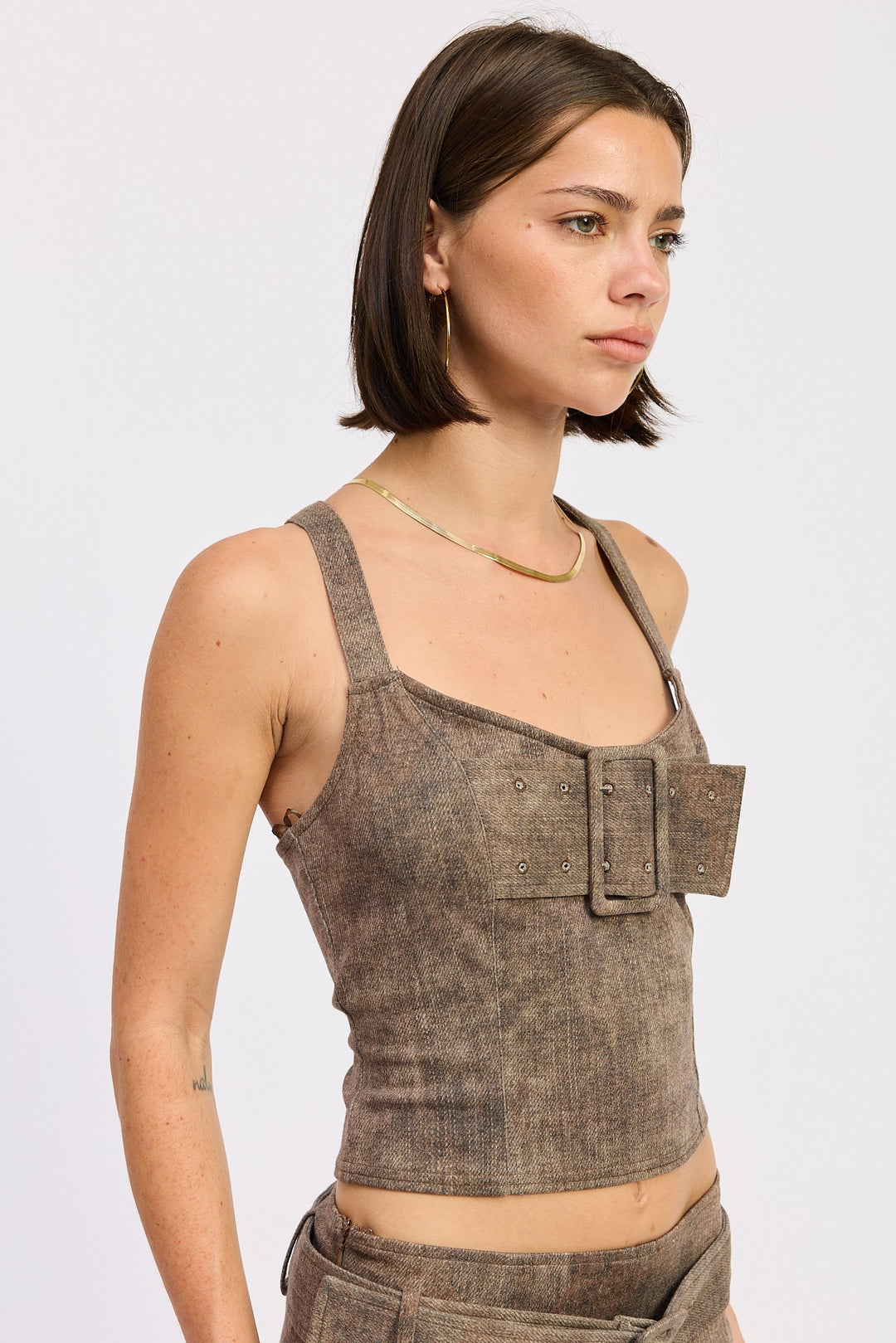 Bustier Belted Denim Crop Top With Buckle Detail