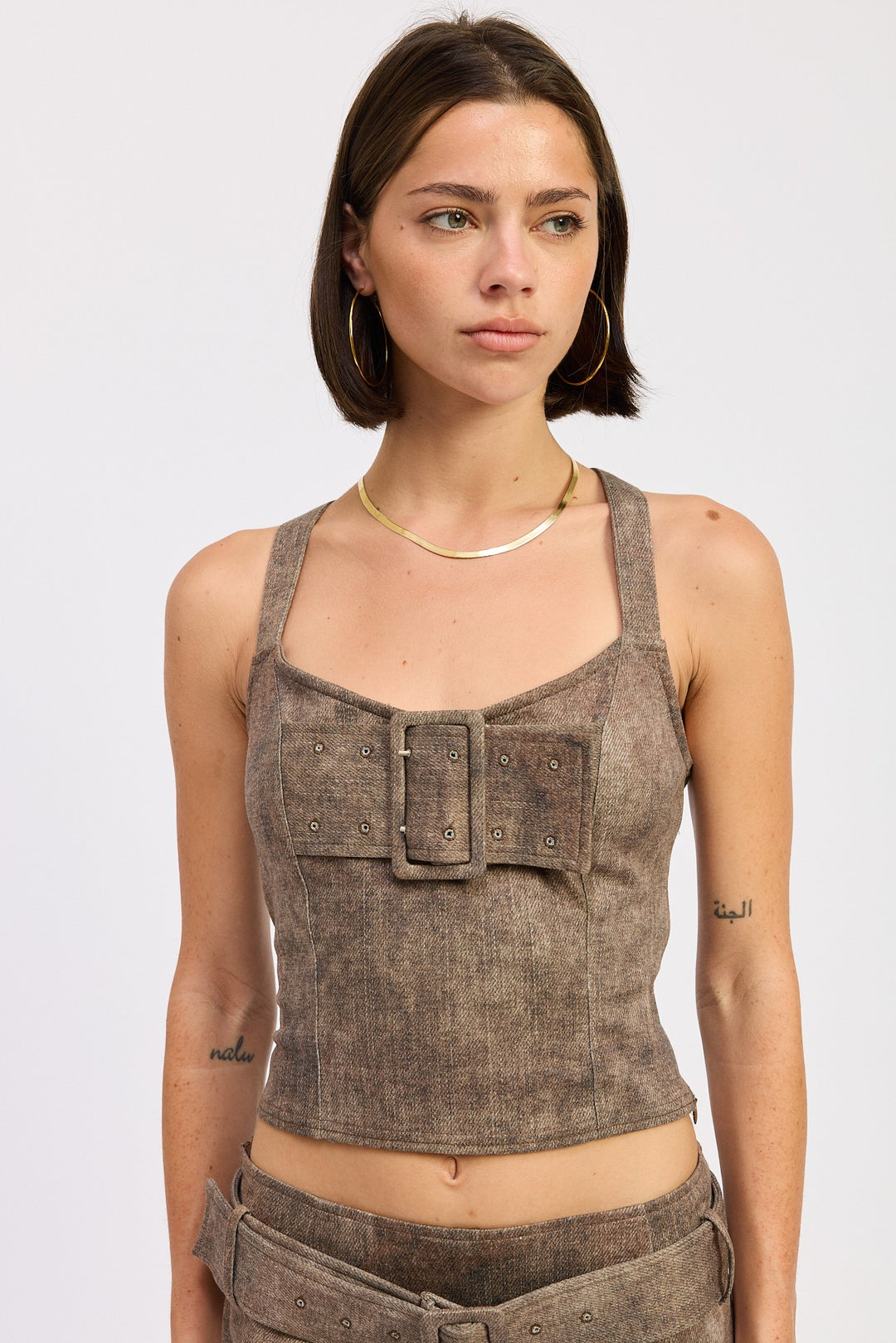 Dk Brown Bustier Belted Denim Crop Top With Buckle Detail