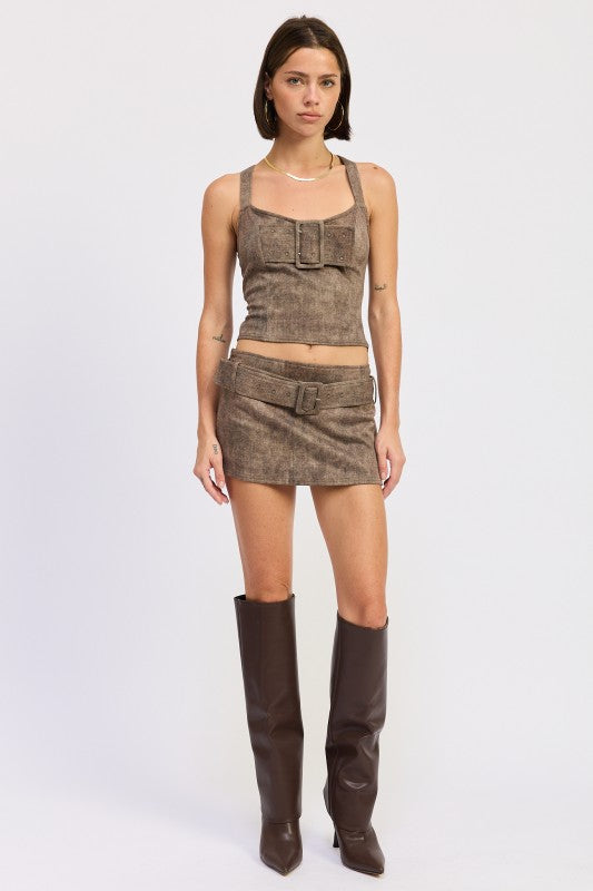 Dk Brown Low Rise Mini Belted Skirt