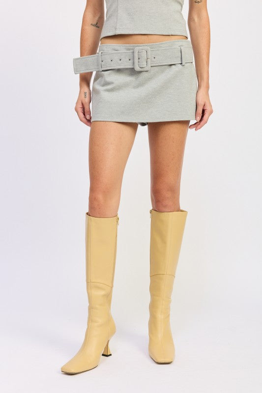 Sky Blue Mini Low Rise Belted Skirt