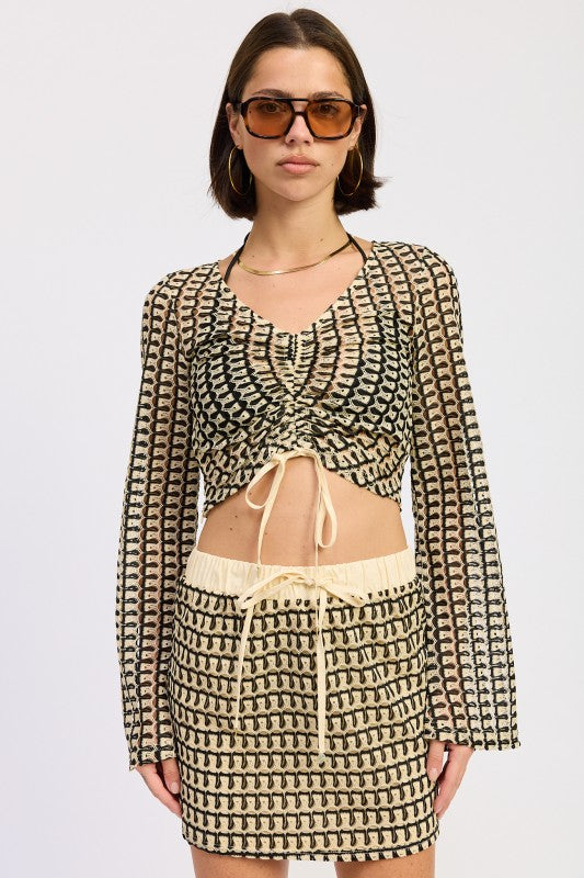 Cream Black Long Sleeve Front Tie Crochet Top