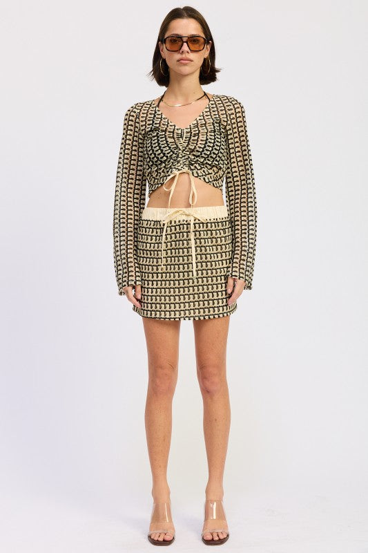 Long Sleeve Front Tie Crochet Top