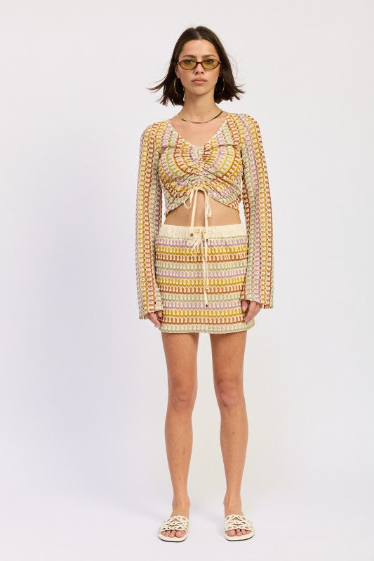 Long Sleeve Front Tie Crochet Top