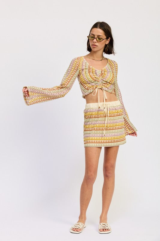 Long Sleeve Front Tie Crochet Top