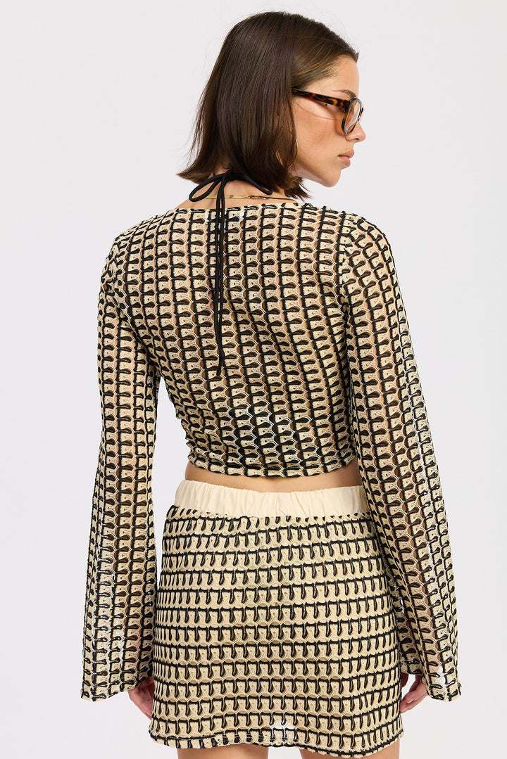 Long Sleeve Front Tie Crochet Top