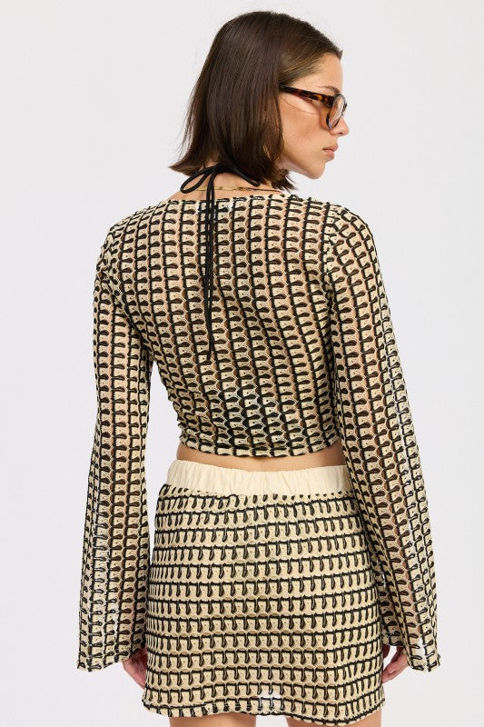 Long Sleeve Front Tie Crochet Top