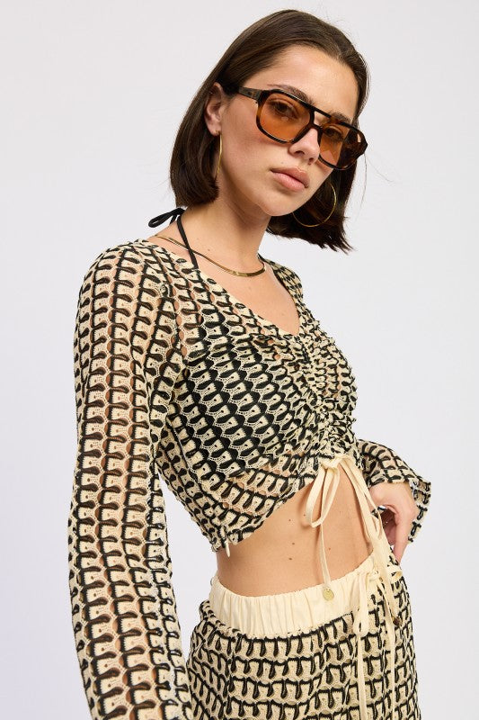 Long Sleeve Front Tie Crochet Top