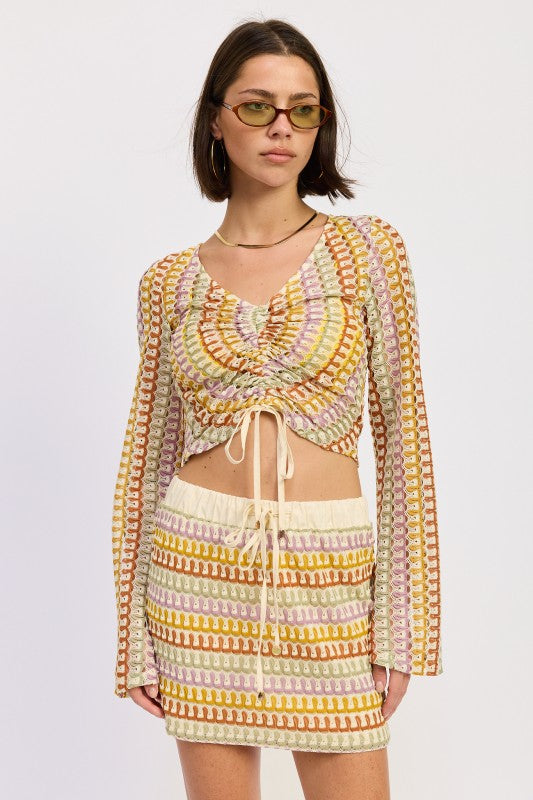 Long Sleeve Front Tie Crochet Top