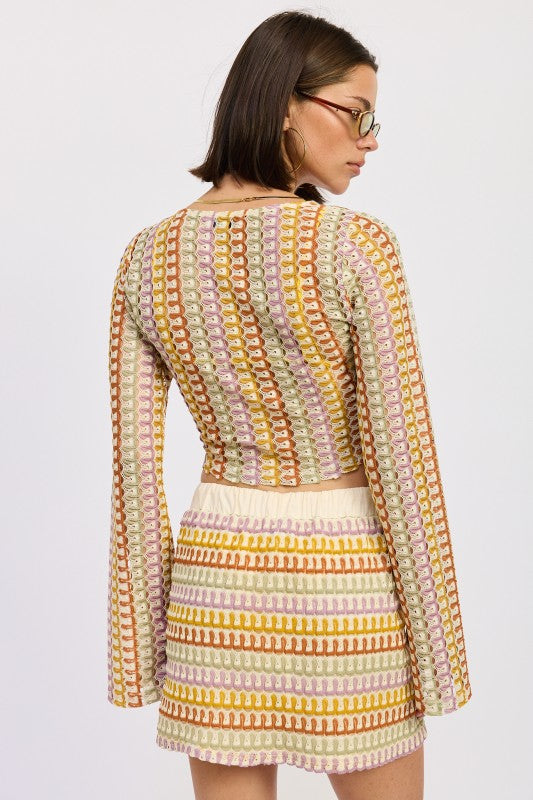 Long Sleeve Front Tie Crochet Top