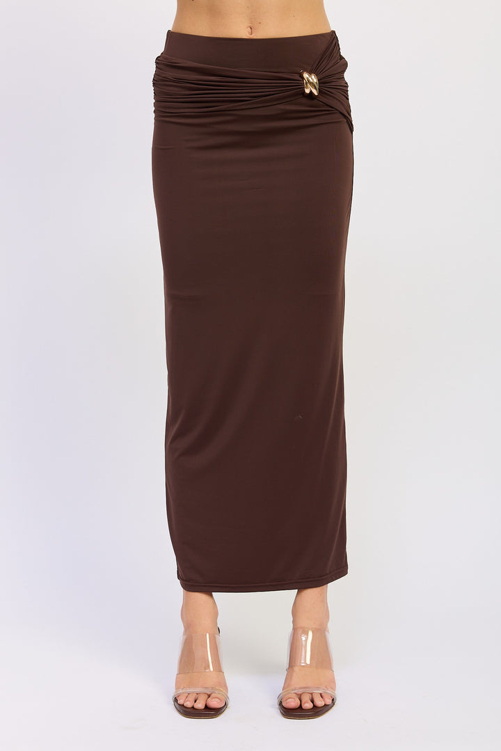 Espresso Maxi Ruched Knitskirt With Gold Trim