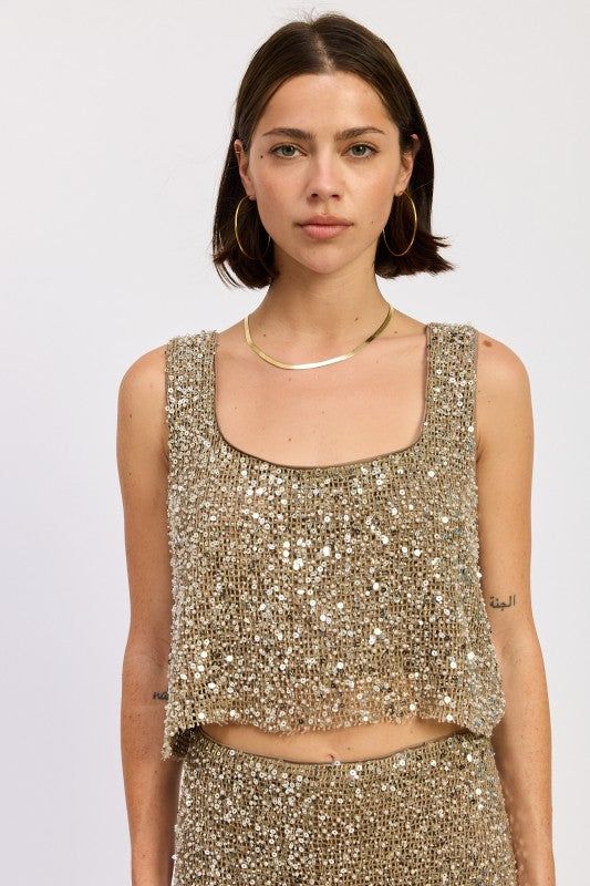 Blue Sleeveless Sqaure Neck Sequin Top
