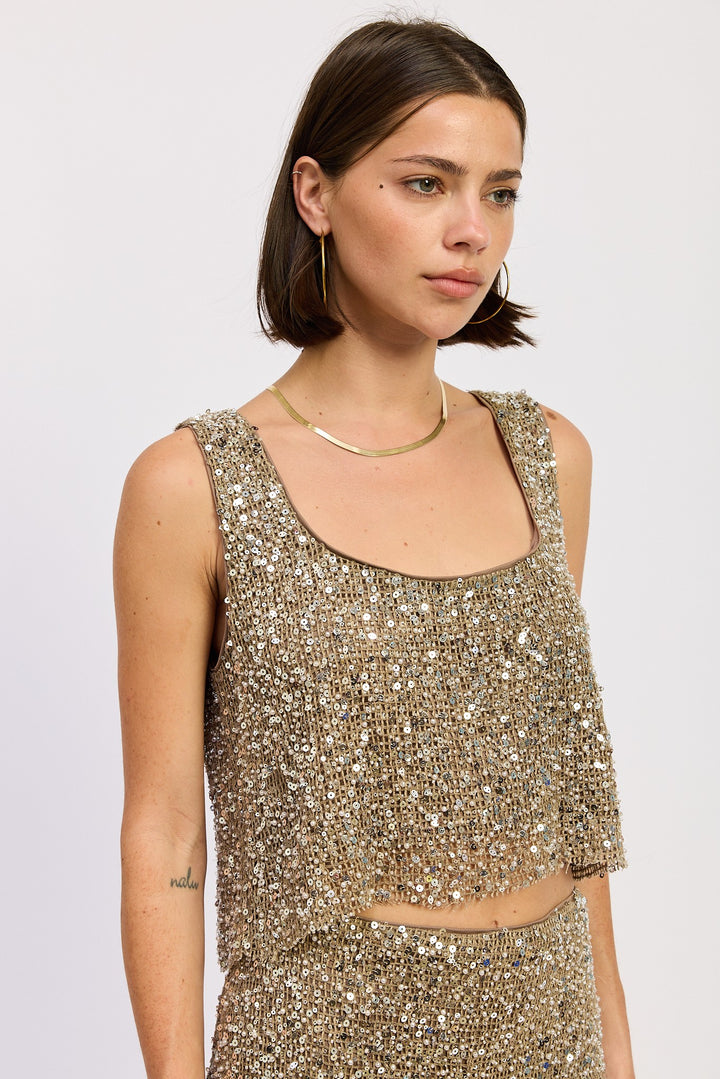 Sleeveless Sqaure Neck Sequin Top