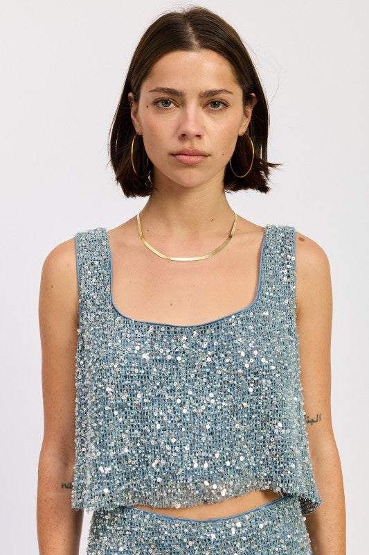 Sleeveless Sqaure Neck Sequin Top