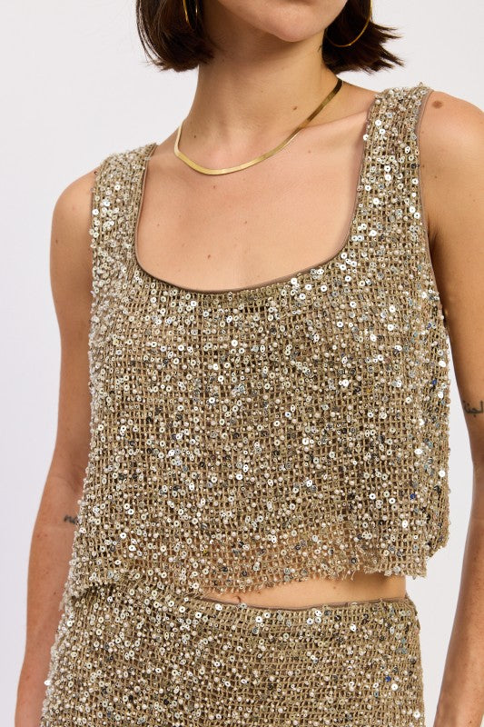 Sleeveless Sqaure Neck Sequin Top