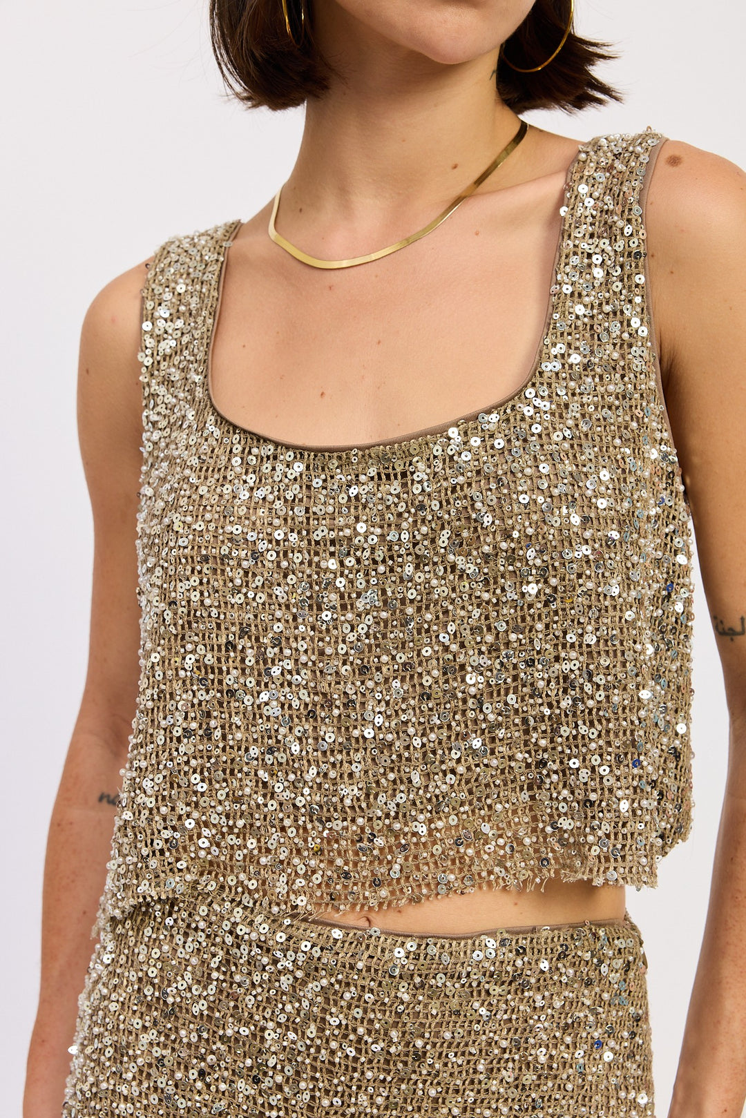 Cream Brown Sleeveless Sqaure Neck Sequin Top