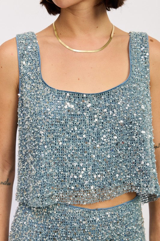 Sleeveless Sqaure Neck Sequin Top