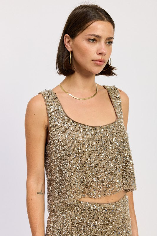 Sleeveless Sqaure Neck Sequin Top