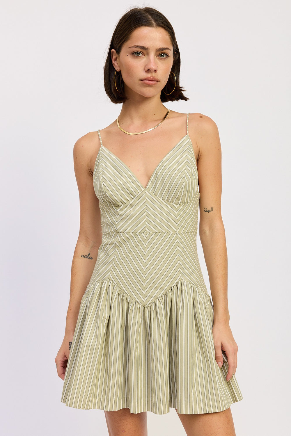 Sage Stripe Mini Ruffle Striped Dress