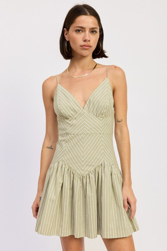Sage Stripe Mini Ruffle Striped Dress