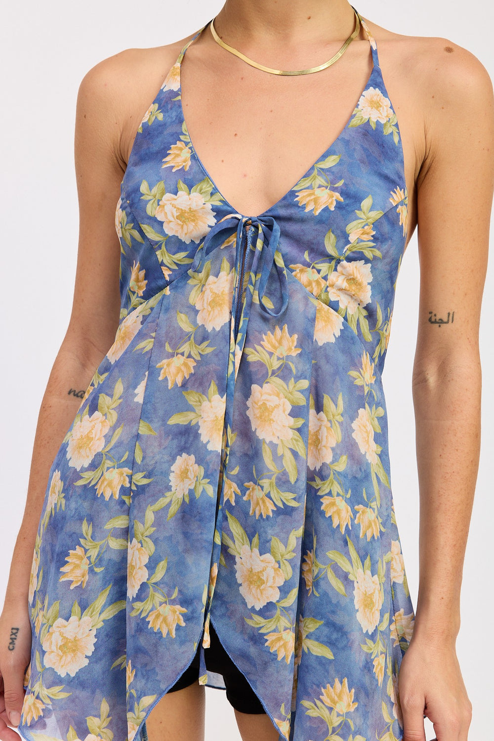 Blue  Multi Front Tie Halter Floral Butterfly Top