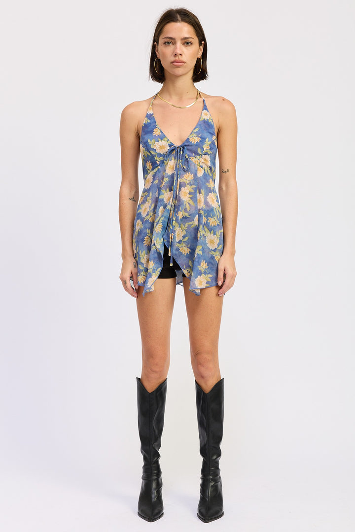 Front Tie Halter Floral Butterfly Top