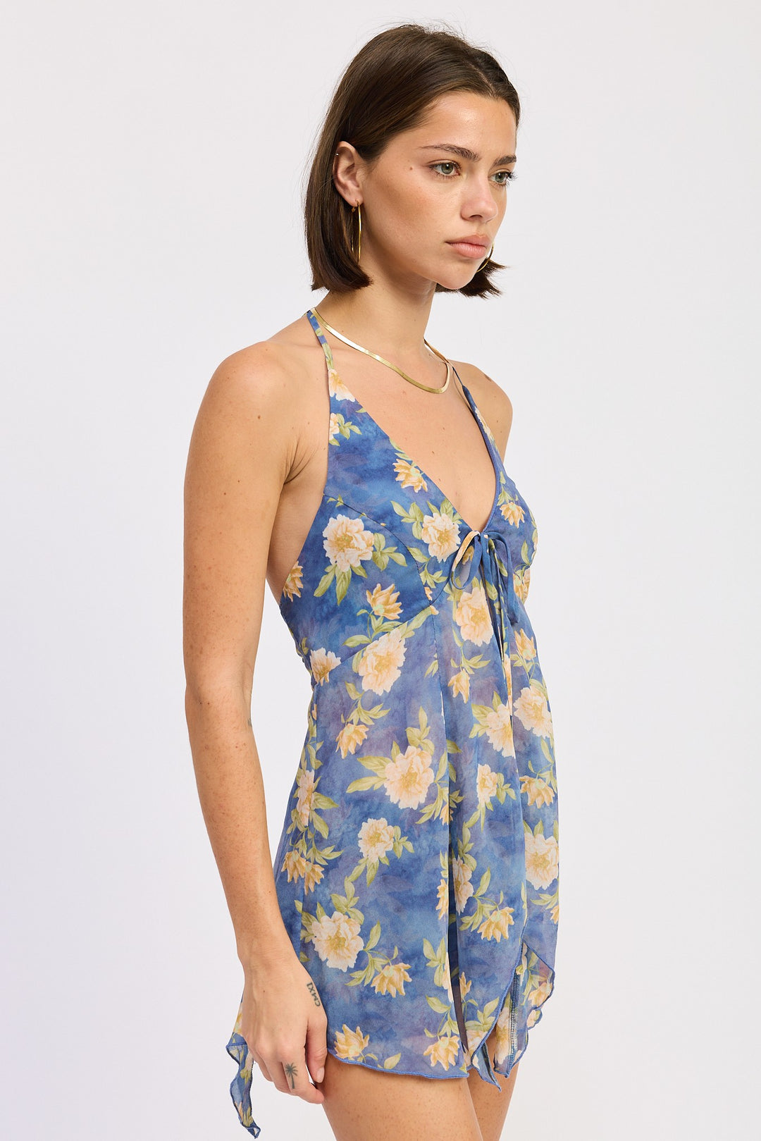 Front Tie Halter Floral Butterfly Top