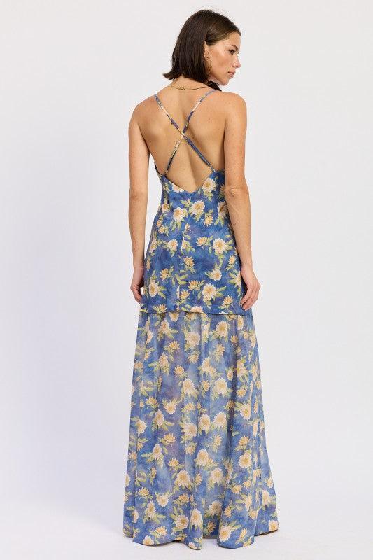 Maxi Floral Cross Tie Back Dress