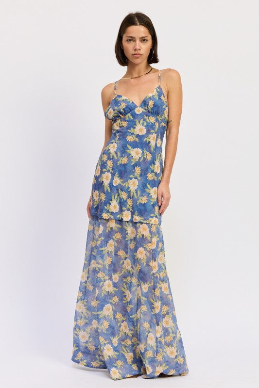 Blue  Multi Maxi Floral Cross Tie Back Dress