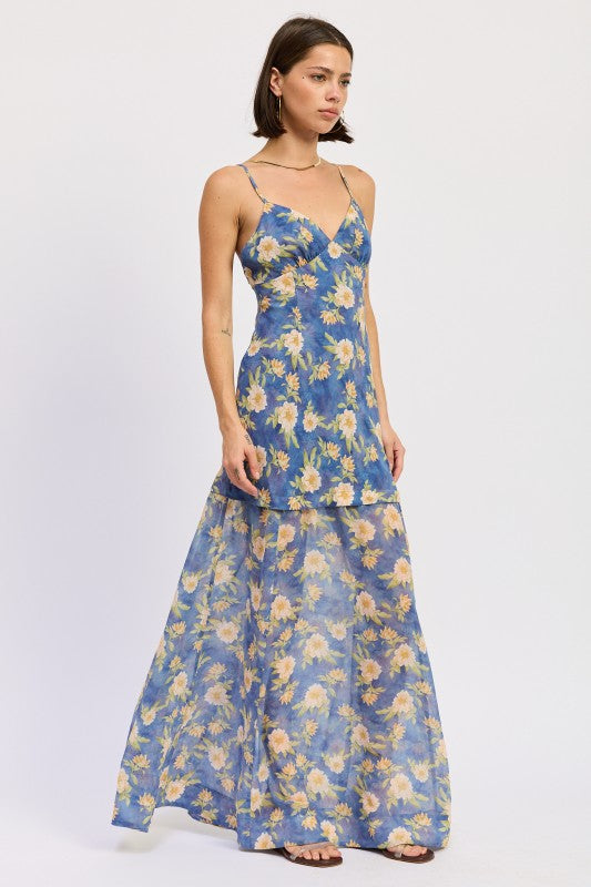 Maxi Floral Cross Tie Back Dress