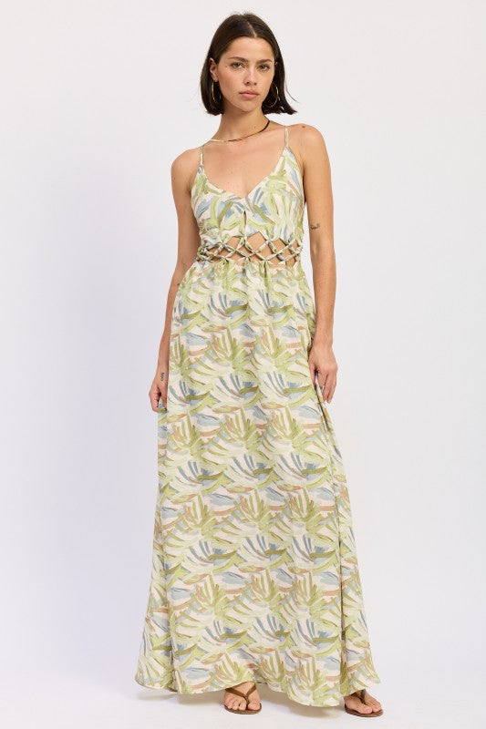 Green Multi Maxi Open Tie Back Dress