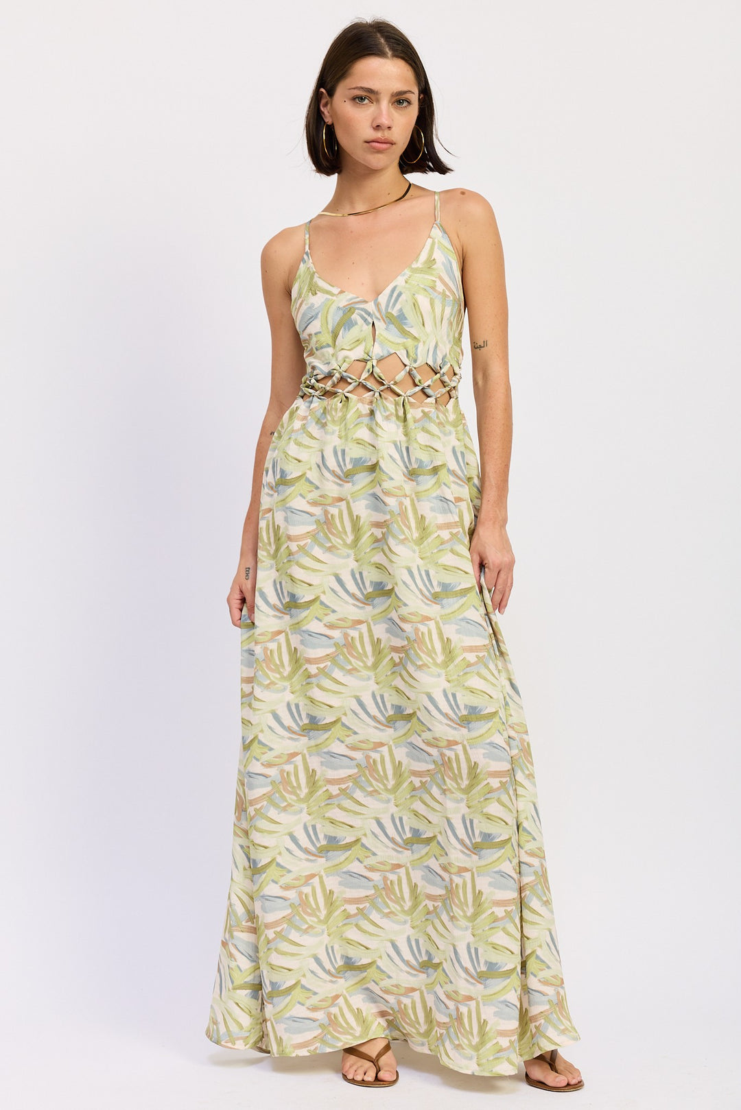 Green Multi Maxi Open Tie Back Dress