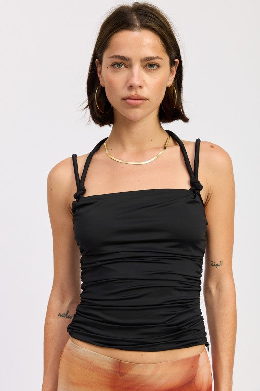 Black Ruched Rope Tie Halter Top