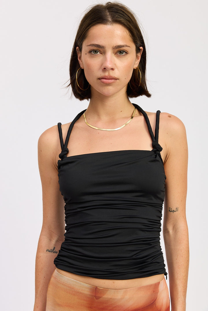 Off White Ruched Rope Tie Halter Top